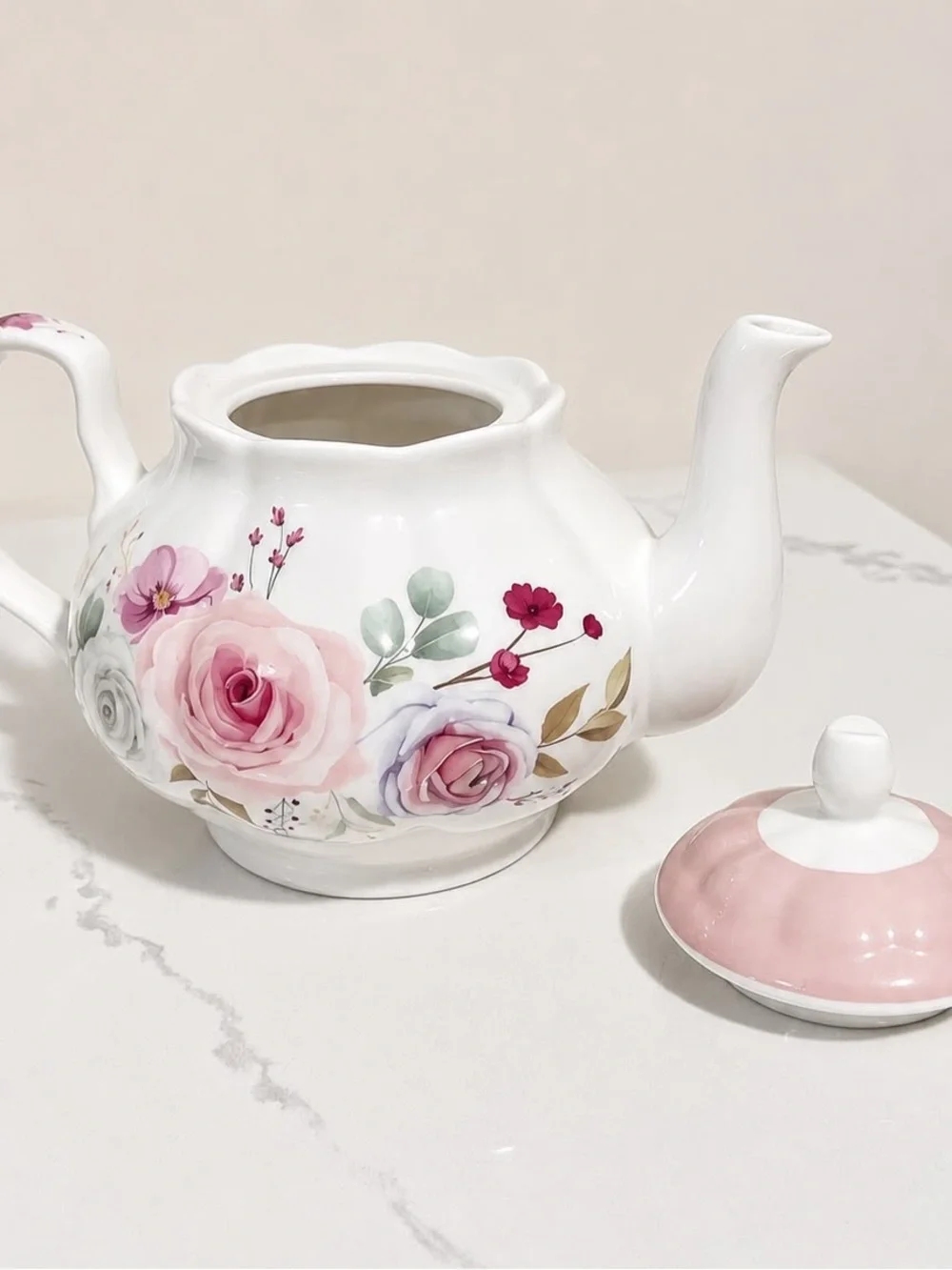 Floral Porcelain Teapot with Pink Lid - Elegant Rose Design